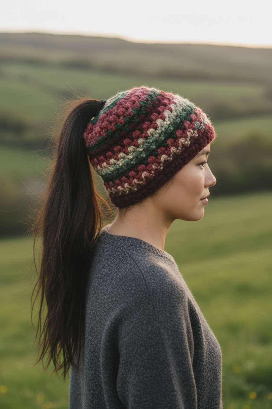 Handmade Crocheted Slouchy Cowgirl Beanie Hat Multi-Color Red Green Winter